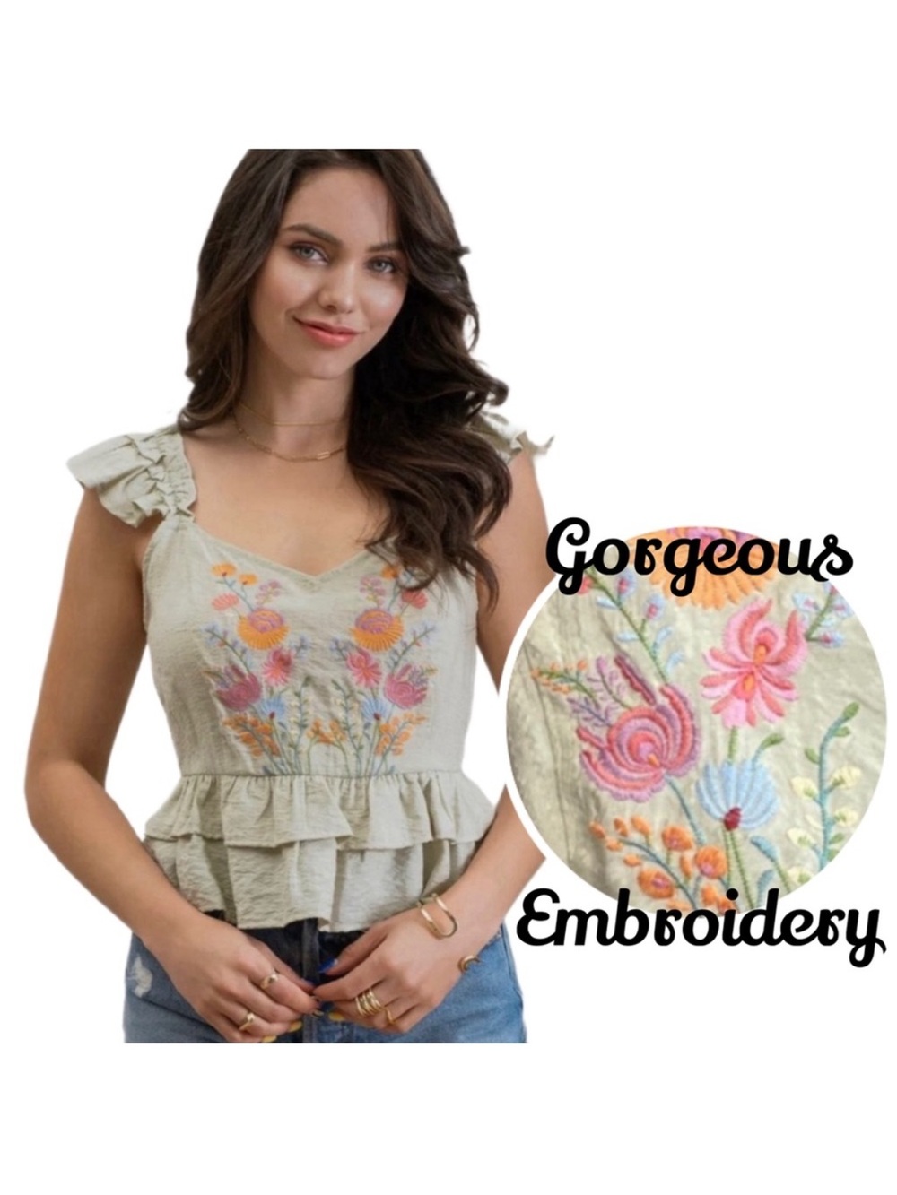 $8 if bundled Blu Pepper Floral Green Embroidered Tank Small Boho
